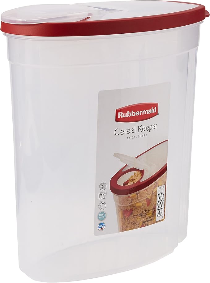 Rubbermaid Flex and Seal Cereal Keeper, 1.5 Gallon, BPA-Free, Clear with Red Lid, Airtight